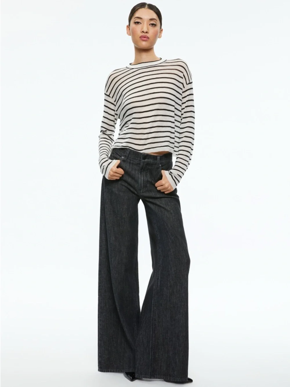 Alice + Olivia Trish Low Rise Baggy Wide Leg Jeans 32 Black Dark Denim Slouchy - Picture 1 of 12